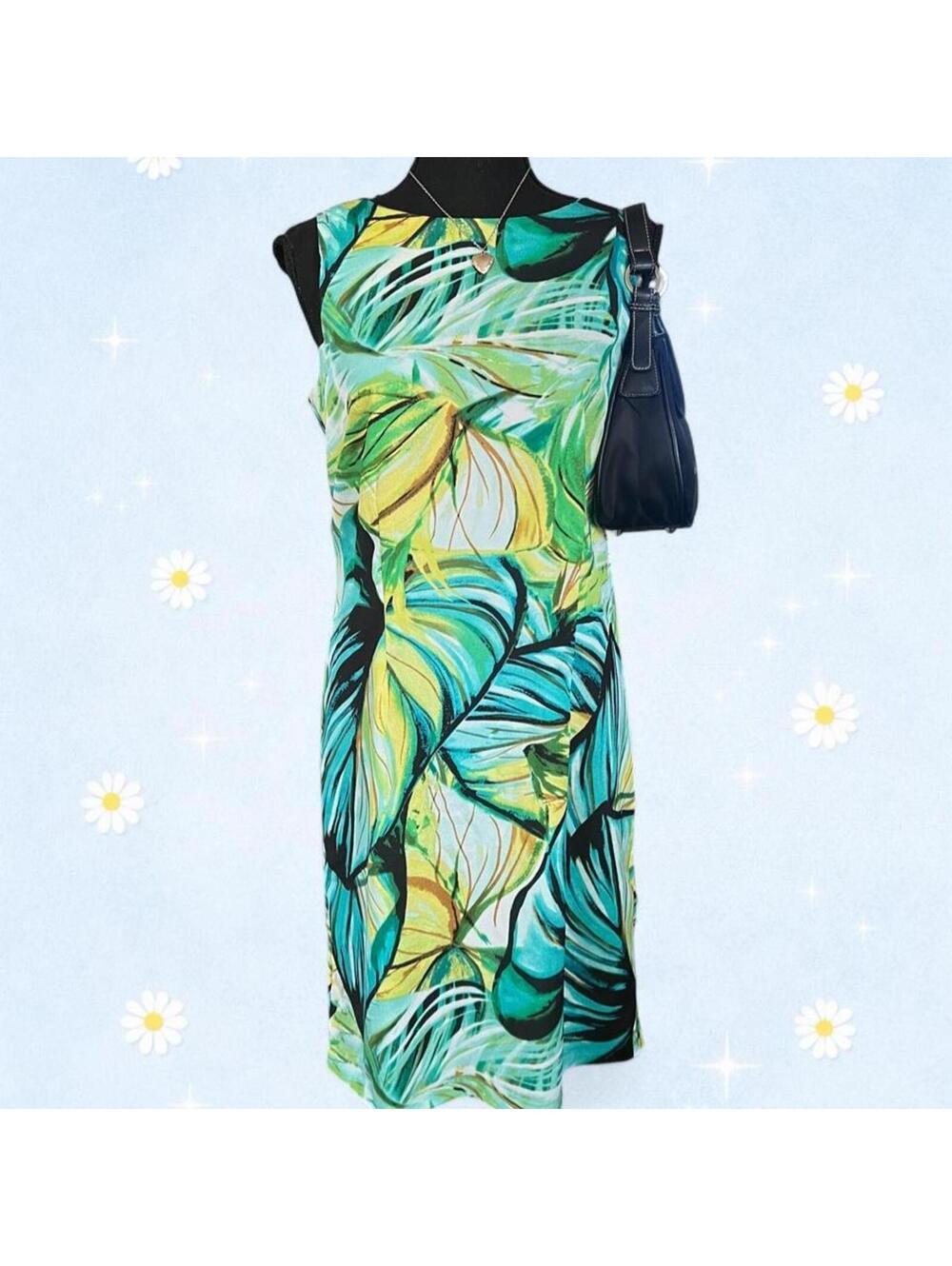 Vintage Y2K Dressbarn tropical resort islandcore palm print midi dress size 6 🌴